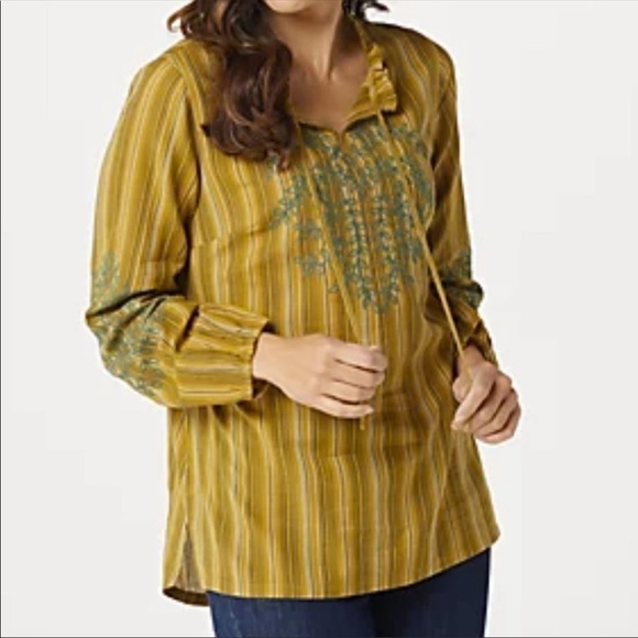 LOGO by Lori Goldstein Tops - LOGO Striped Woven Blouse with Embroidery​​​​​​
